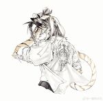  1boy absurdres animal_ears arknights bead_bracelet beads beard bracelet chinese_commentary clenched_teeth commentary_request facial_hair from_behind furry furry_male headband highres huai_tianpei_(arknights) jewelry looking_back male_focus partially_colored tail teeth tiger_boy tiger_ears tiger_stripes tiger_tail watermark weibo_watermark white_background yi_tan_a_mi_ba 