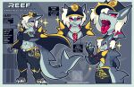 anthro biped bodily_fluids cape clothed clothing digital_media_(artwork) english_text evil_grin fish hair headgear hi_res looking_at_viewer male mammal marine model_sheet mouth_shot mythological_creature mythology nagifur non-mammal_ears non-mammal_hair open_mouth red_eyes reef_(nagifur) saliva saliva_string shark simple_background size_difference smile solo sparkles standing tail teeth text tongue tongue_out
