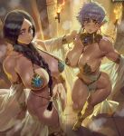  2girls ancient_egyptian bikini black_hair bleach bleach:_sennen_kessen-hen blue_eyes breasts closed_mouth detached_sleeves fire grey_hair hair_between_breasts highres kotetsu_isane large_breasts lips long_hair looking_at_viewer multiple_girls pasties patreon_logo patreon_username see-through_clothes see-through_sleeves shexyo short_hair smile standing sweat swimsuit thighs toes unohana_retsu 