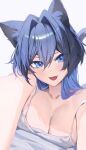  1girl :d absurdres animal_ear_fluff animal_ears blue_eyes blue_hair breasts camisole cat_ears cat_tail cleavage colored_inner_hair commentary double-parted_bangs fang hair_between_eyes hair_intakes highres hololive hololive_english large_breasts long_hair looking_at_viewer lying multicolored_hair on_stomach open_mouth ouro_kronii reaching reaching_towards_viewer simple_background skin_fang smile solo symbol-only_commentary tail virtual_youtuber white_background white_camisole wolf_cut yoellim5 