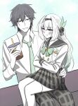 1boy 1girl black_hairband black_ribbon blush bow bowtie caelus_(honkai:_star_rail) checkered_bow checkered_bowtie checkered_clothes checkered_necktie crossed_arms cup disposable_cup drinking_straw firefly_(honkai:_star_rail) firefly_(spring_missive)_(honkai:_star_rail) gradient_hair green_bow green_bowtie green_necktie grey_sailor_collar hair_ornament hair_ribbon hairband highres holding holding_cup honkai:_star_rail honkai_(series) kira_yu_(kirara_3701) multicolored_hair necktie open_mouth pout ribbon sailor_collar shirt sitting sitting_on_lap sitting_on_person smile thighhighs trailblazer_(honkai:_star_rail) white_shirt white_thighhighs 
