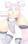 1girl absurdres blue_hair blush bow-shaped_hair breasts character_hair_ornament cleavage_cutout clothing_cutout fake_hair_bun grey_leotard hair_ornament hexagon_print highres iono_(pokemon) jacket leotard long_hair long_sleeves looking_at_viewer mocamocaink multicolored_hair pink_hair pokemon pokemon_sv sleeves_past_fingers sleeves_past_wrists solo split-color_hair thighhighs two-tone_hair underboob very_long_sleeves yellow_jacket 