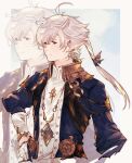  1boy alphinaud_leveilleur blue_jacket border closed_mouth collar collared_jacket collared_shirt commentary_request earrings elezen elf final_fantasy final_fantasy_xiv gloves hand_on_own_hip highres hutaba_0718 jacket jewelry long_pointy_ears long_sleeves looking_to_the_side male_focus necklace open_clothes open_jacket outside_border parted_bangs piercing pointy_ears ponytail popped_collar shirt single_earring smile solo upper_body white_border white_collar white_gloves white_hair zoom_layer 