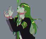  1boy arms_up black_suit collared_shirt colored_sclera dripping green_arm green_eyes green_hair green_necktie green_sclera green_theme head_tilt lobotomy_corporation looking_at_viewer medium_hair medu_(rubish) monochrome necktie netzach_(project_moon) open_mouth outstretched_arms project_moon shirt slime_(substance) slime_(substance)_on_face solo spread_fingers suit upper_body white_shirt 
