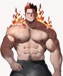  1boy abs bara beard biceps blue_eyes boku_no_hero_academia doosoo endeavor_(boku_no_hero_academia) facial_hair feet_out_of_frame fire hairy large_pectorals looking_at_viewer male_focus manly mature_male muscular muscular_male navel navel_hair nipples pants pectorals red_hair scar short_hair simple_background solo spiked_hair steam steaming_body sweat sweatdrop thick_arms thick_eyebrows white_background 