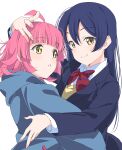  2girls blazer blue_hair blue_jacket blunt_bangs blunt_ends bow bowtie closed_mouth collared_shirt commentary diagonal-striped_bow diagonal-striped_bowtie diagonal-striped_clothes dress_shirt hand_on_another&#039;s_head hashtag-only_commentary highres jacket kishimen_hair long_hair long_sleeves looking_at_another looking_at_viewer love_live! love_live!_nijigasaki_high_school_idol_club love_live!_school_idol_festival_all_stars love_live!_school_idol_project medium_hair multiple_girls ninagawa_jin otonokizaka_school_uniform parted_lips pink_hair red_bow red_bowtie school_uniform shirt simple_background smile sonoda_umi split_mouth striped_clothes sweater tennoji_rina white_background white_shirt winter_uniform yellow_eyes yellow_sweater 