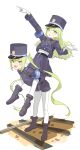  2girls absurdres armband belt black_shoes blue_archive blue_armband blue_skirt boots carrying commentary fang gloves green_hair hat highres hikari_(blue_archive) kosubi_(tsuneta328) long_hair long_sleeves looking_at_viewer multiple_girls nozomi_(blue_archive) open_mouth pantyhose peaked_cap piggyback pointing pointy_ears railroad_tracks shoes shorts siblings simple_background skin_fang skirt train_conductor twins twintails white_background white_gloves white_pantyhose yellow_eyes 