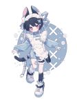  1boy animal-themed_footwear animal_ear_fluff animal_ears apron bandaid bandaid_on_leg belt black_belt black_hair black_socks blue_jacket blue_nails blue_shorts bright_pupils cat_bandaid cat_boy cat_ear_footwear cat_ears cat_tail commentary cross-shaped_pupils crossdressing dated double-parted_bangs frilled_apron frilled_thigh_strap frills full_body grey_belt grey_ribbon hair_between_eyes hair_ornament hair_ribbon highres jacket jersey_maid kneehighs leg_warmers long_sleeves maid maid_apron maid_headdress male_focus male_maid original ozureiji parted_lips red_eyes ribbon shoes short_hair shorts single_leg_warmer single_sock sneakers socks solo star_(symbol) symbol-only_commentary symbol-shaped_pupils tail tail_belt thigh_strap track_jacket triangle_mouth tsurime unconventional_maid white_apron white_leg_warmers white_pupils white_shoes x_hair_ornament zipper zipper_pull_tab 