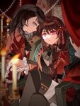  2girls arm_belt ascot bang_dream! bang_dream!_it&#039;s_mygo!!!!! belt belt_buckle black_ascot black_belt black_boots black_choker black_hair black_vest blood blood_stain blue_eyes blurry blurry_foreground boots brown_hair buckle candelabra candle candlestand center_frills chair choker closed_mouth commentary crossed_legs curtains depth_of_field feet_out_of_frame fire floral_print frilled_sleeves frills gem hair_ribbon hair_tie hand_up hashtag-only_commentary highres holding_hands jacket lapels light_smile long_hair long_sleeves looking_at_viewer looking_to_the_side low-tied_long_hair low_side_ponytail medium_hair minon_(momoiminon0420) mole mole_under_eye multiple_girls notched_lapels official_alternate_costume official_alternate_hairstyle on_chair open_clothes open_jacket pants pearl_(gemstone) picture_frame print_jacket profile purple_eyes red_brooch red_jacket red_ribbon ribbon shiina_taki short_braid sitting vest waistcoat white_pants wide_sleeves yahata_umiri 
