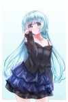  1girl absurdres black_shirt blue_eyes blue_hair blue_skirt blush border bra_strap closed_mouth commentary cowboy_shot highres jewelry layered_skirt long_hair looking_at_viewer minazuki-chan_(mutsuki) mutsuki_(mutsuki0110) necklace off-shoulder_shirt off_shoulder original outside_border shirt skirt sleeves_past_wrists solo white_border 