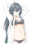  1girl akara_kai black_bra black_hair black_panties bra breasts cowboy_shot hair_between_eyes highres kantai_collection long_hair medium_breasts open_clothes open_shirt panties ponytail red_eyes shirt solo underwear very_long_hair white_background white_shirt yahagi_(kancolle) yahagi_kai_ni_(kancolle) 