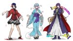  3girls beads black_sandals black_shoes black_skirt blood blood_on_hands blue_eyes blue_hair blue_hat blue_kimono boots breasts brown_hair bug butterfly chinese_clothes closed_mouth commentary_request dress frilled_kimono frills full_body ghost gradient_hair hat hat_ornament highres hijiri_byakuren japanese_clothes jiangshi kimono lace-trimmed_sleeves lace_trim layered_dress long_dress long_hair looking_at_viewer medium_breasts miyako_yoshika mob_cap multicolored_hair multiple_girls nap_muntarou newsboy_cap obi ofuda open_mouth pink_butterfly prayer_beads purple_boots purple_dress purple_hair purple_sash red_shirt saigyouji_yuyuko sandals sash shirt shoes short_hair simple_background skirt smile sorcerer&#039;s_sutra_scroll star_(symbol) star_hat_ornament tangzhuang touhou triangular_headpiece white_background white_dress wide_sleeves yellow_eyes 