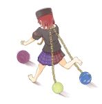  1girl barefoot black_shirt chain dragging earth_(ornament) facing_away from_above gold_chain hecatia_lapislazuli highres looking_at_object moon_(ornament) multicolored_clothes multicolored_skirt off-shoulder_shirt off_shoulder peroponesosu. plaid plaid_skirt polos_crown reaching red_hair rolling running shirt simple_background skirt solo t-shirt touhou underworld_(ornament) wardrobe_malfunction 