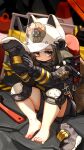 1girl absurdres arknights barefoot brown_eyes closed_mouth fire_helmet firefighter full_body highres holding holding_shoes holding_unworn_clothes knee_pads kourou_(kouroukun) looking_at_viewer shaw_(arknights) shoes sitting solo toes unworn_shoes 