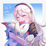  1girl armor black_hairband blush breasts closed_eyes dragon dragon_girl female_corrin_(fire_emblem) fire_emblem fire_emblem_fates gloves grey_hair hair_between_eyes hair_ornament hairband half-siblings highres hug kachoepp lilith_(fire_emblem) long_hair open_mouth pointy_ears red_eyes smile upper_body white_hair 
