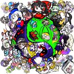  6+girls animal_ears black_bow black_eyes black_hair blonde_hair blue_eyes blue_hair blush bow broom brown_eyes brown_hair bun_cover cat_ears cat_tail character_request chen chibi cirno closed_eyes closed_mouth commentary_request crescent crescent_hat_ornament crossed_arms cup double_bun everyone frog_hair_ornament fujiwara_no_mokou gap_(touhou) green_eyes green_hair grey_hair hair_bow hair_bun hair_ornament hair_tubes hakurei_reimu hand_fan hat hat_ornament head_wings highres holding holding_cup holding_fan holding_polearm holding_sword holding_weapon hong_meiling horns houraisan_kaguya inaba_tewi izayoi_sakuya koakuma kochiya_sanae mogura-san_(dra1dra3dra2) mouse_ears multicolored_hair multiple_girls nazrin necktie one_eye_closed orange_hair patchouli_knowledge pink_hair polearm purple_hair rabbit_ears red_bow red_eyes red_hair red_necktie reisen_udongein_inaba sakazuki skirt sword tail torii touhou weapon wings yagokoro_eirin yakumo_ran yakumo_yukari yellow_eyes 