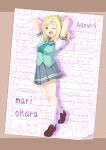  1girl alt_text arms_up blonde_hair braid breasts brown_shoes commentary_request crown_braid english_text full_body grey_sailor_collar grey_skirt hair_rings highres large_breasts loafers looking_at_viewer love_live! love_live!_sunshine!! matsurugi_tsukasa medium_hair miniskirt ohara_mari one_side_up pleated_skirt sailor_collar school_uniform shirt shoes short_sleeves single_hair_ring skirt socks solo summer_uniform uranohoshi_school_uniform white_shirt white_socks yellow_eyes 