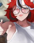  1boy 2girls ;p animal_ears armpits black_hair blue_eyes breasts censored collarbone fang fellatio glasses hair_between_eyes hakos_baelz hand_on_another&#039;s_face handjob heterochromia highres hololive hololive_english irys_(hololive) large_breasts licking licking_penis lying mouse_ears mr_thecatman multiple_girls on_back on_bed one_eye_closed oral penis pink_eyes pink_hair red_hair reflection round_eyewear shiny_skin shirt skin_fang tank_top thumbs_up tongue tongue_out video_call white_hair white_shirt white_tank_top 