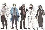  5boys ahoge america_(hetalia) axis_powers_hetalia baggy_pants belt black-framed_eyewear black_belt black_boots black_choker black_eyes black_gloves black_hair black_jacket black_necktie black_pants black_shirt black_shoes blonde_hair blue_coat blue_eyes boots breast_pocket brown_eyes brown_hair brown_shoes buttons changpao china_(hetalia) chinese_clothes choker closed_mouth coat collared_shirt commentary_request down_jacket formal_clothes france_(hetalia) full_body fur-trimmed_jacket fur_trim glasses gloves green_eyes grey_sweater grey_vest hand_in_pocket hand_on_own_hip hands_in_pockets hat himaruya_hidekazu jacket lapels leather leather_jacket long_hair long_sleeves looking_at_viewer low_ponytail male_focus mandarin_collar multicolored_hair multiple_boys necktie official_alternate_costume official_art open_clothes open_jacket pants pocket polka_dot_necktie ponytail puffy_long_sleeves puffy_sleeves purple_eyes red_hair red_shirt russia_(hetalia) scarf semi-rimless_eyewear shirt shoes short_hair simple_background smile streaked_hair suit suit_jacket sweater t-shirt united_kingdom_(hetalia) v-shaped_eyebrows vest white_background white_hair white_hat white_jacket white_pants white_scarf white_shirt wide_sleeves wing_collar yellow_necktie 