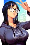  1girl artist_name black_hair blue_eyes breasts dark-skinned_female dark_skin glasses highres jacket large_breasts long_hair nico_robin one_piece round_eyewear signature skaggshood solo upper_body v watermark 
