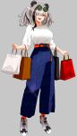  1girl :d animal_ears arknights bag belt black_hair breasts commentary_request eyewear_on_head fang feater_(arknights) full_body green-tinted_eyewear grey_background grey_hair hair_over_one_eye high-waist_pants highres holding holding_bag looking_at_viewer medium_breasts medium_hair multicolored_hair one_eye_covered open_mouth orange_belt orange_eyes orange_socks pants purple_pants round_eyewear sgt_syunkai2_(myyards) shirt shirt_tucked_in simple_background skin_fang sleeves_pushed_up smile socks solo standing streaked_hair t-shirt tinted_eyewear white_shirt 