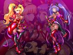  2girls alternate_hairstyle asahina_mirai black_gloves blonde_hair bodysuit bow breasts collar corruption cure_magical cure_miracle dark_persona detached_sleeves earrings elbow_gloves empty_eyes full_body futanari gloves hair_ornament hat holding_hands interlocked_fingers izayoi_liko jewelry large_breasts latex latex_bodysuit long_hair looking_at_viewer magical_girl mahou_girls_precure! mind_control mini_hat mini_witch_hat multiple_girls nipple_piercing nipples penis piercing precure projected_inset purple_eyes purple_hair thighhighs twintails urethral_insertion wabuki_(ochigan) witch_hat 