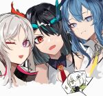  4girls ;d ao_oni_(onioni-aoi) arknights black_hair blue_eyes blue_hair blush camera chibi collared_shirt commentary_request cropped_torso dusk_(arknights) green_eyes grey_hair hair_over_one_eye highres holding holding_camera horns ling_(arknights) long_hair multicolored_hair multiple_girls necktie nian_(arknights) one_eye_closed one_side_up parted_lips portrait purple_eyes red_eyes scene_(arknights) shirt siblings simple_background sisters sleeveless sleeveless_shirt smile sparkle streaked_hair white_background white_hair white_shirt yellow_necktie 