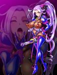  1girl alternate_breast_size bodysuit boots breasts collar corruption cure_beat dark_persona earrings empty_eyes eyelashes futanari gloves hair_ornament hand_on_own_hip high_heels highres huge_penis jewelry kurokawa_eren large_breasts latex latex_bodysuit long_hair looking_at_viewer nipple_piercing nipples open_mouth penis piercing precure projected_inset purple_hair side_ponytail skin_tight solo suite_precure testicles thigh_boots tongue tongue_out v v_over_mouth very_long_hair wabuki_(ochigan) yellow_eyes 
