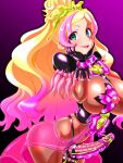 1girl black_gloves blonde_hair bodysuit breasts clothes_lift corruption cure_flora dark_persona earrings empty_eyes erection eyeshadow futanari gloves go!_princess_precure gradient_background green_eyes hands_on_own_cheeks hands_on_own_face haruno_haruka highres jewelry large_breasts latex latex_bodysuit long_hair looking_at_viewer magical_girl makeup multicolored_hair nipple_sleeves nipples parted_lips penis pink_hair pink_skirt precure purple_background red_lips simple_background skirt skirt_lift smile solo streaked_hair two-tone_hair upper_body wabuki_(ochigan) 