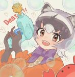  1girl animal_ears blush bow bowtie brown_eyes bubble center_frills collared_shirt commentary crab-eating_raccoon_(kemono_friends) fangs frills grey_hair jacket kemono_friends long_sleeves looking_at_viewer multicolored_hair open_clothes open_jacket open_mouth orange_jacket purple_bow purple_bowtie raccoon_ears raccoon_girl shimazoenohibi shirt short_hair smile solo symbol-only_commentary two-tone_hair water_gun yellow_shirt 