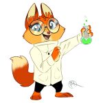  1:1 2018 anthro barefoot biped black_bottomwear black_clothing black_pants bottomwear canid canine clothing coat collar digital_drawing_(artwork) digital_media_(artwork) dipstick_tail dr._fox eyelashes feet female fox fur green_eyes hi_res holding_object krossan_(artist) lab_coat lego looking_at_viewer mammal markings multicolored_body multicolored_fur open_mouth open_smile orange_body orange_fur pants paws potion red_nose scientist signature simple_background smile solo standing tail_markings the_lego_movie topwear unikitty! white_background 