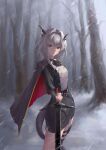 1girl absurdres arknights ayanami_(tyuk8425) bangs bare_tree black_cape black_jacket black_skirt cape closed_mouth commentary_request grey_eyes grey_hair hair_between_eyes hair_intakes highres holding holding_sword holding_weapon horns jacket long_sleeves looking_at_viewer outdoors skirt snow snowing solo standing sword tail talulah_(arknights) tree weapon 