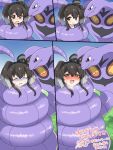  1girl anchor_symbol arbok bangs black_hair blush breath brown_eyes closed_eyes closed_mouth commission constriction crossover eromame forked_tongue grey_hair hair_between_eyes kantai_collection looking_at_viewer multicolored_hair multiple_views nose_blush open_mouth pokemon pokemon_(creature) short_hair_with_long_locks skeb_commission sweat tokitsukaze_(kancolle) tongue wavy_mouth 