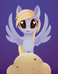  &lt;3 &lt;3_eyes 2022 blonde_hair derpy_hooves_(mlp) digital_media_(artwork) dusthiel equid equine feathered_wings feathers female feral food friendship_is_magic fur grey_body grey_feathers grey_fur hair happy hasbro hi_res looking_down mammal muffin my_little_pony pegasus smile solo spread_wings wings 