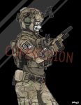  1girl absurdres american_flag ammunition_pouch artist_name bangdog belt black_gloves blonde_hair brown_gloves bulletproof_vest camouflage camouflage_shirt combat_helmet commission cowboy_shot dated dog_tags ear_protection escape_from_tarkov flashlight from_side glock gloves grey_eyes gun handgun helmet highres holding holding_weapon holster looking_at_object magazine_(weapon) mask medium_hair night_vision_device optical_sight original pouch shirt shirt_tucked_in skull_mask solo suppressor tourniquet trigger_discipline two-tone_gloves unit_patch watermark weapon 