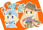  2boys ball beanie beard belt belt_buckle black_belt blonde_hair blue_eyes blue_hat blue_hoodie blue_lips blue_pants brown_cape brown_hat brown_pants buckle cape chibi chibi_only commentary_request cowboy_hat facial_hair flat_color goggles goggles_on_headwear green_eyes green_lips gyro_zeppeli hat heart_ornament highres holding holding_ball holster hood hood_down hoodie horse_print horseshoe_hat_ornament horseshoe_ornament index_finger_raised jiuyuejiuriyi johnny_joestar jojo_no_kimyou_na_bouken kneeling logo long_hair makeup male_focus medium_hair multiple_boys official_style pants serious smile spurs standing star_(symbol) star_print steel_ball_(jojo) steel_ball_run wristband 