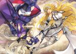  2girls :d armor armored_boots armored_dress banner blonde_hair boots breasts cleavage clothing_cutout dress ells eye_contact fate/grand_order fate_(series) faulds floating_hair fur-trimmed_boots fur_trim grey_hair headpiece holding_banner jeanne_d'arc_(fate) jeanne_d'arc_(ruler)_(fate) jeanne_d'arc_(third_ascension)_(fate) jeanne_d'arc_alter_(avenger)_(fate) jeanne_d'arc_alter_(avenger)_(third_ascension)_(fate) jeanne_d'arc_alter_(fate) long_hair looking_at_another medium_breasts midriff multiple_girls navel navel_cutout open_mouth purple_dress purple_eyes sheath sheathed smile stomach sword thigh_boots very_long_hair weapon white_dress yellow_eyes 