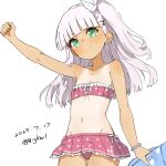  1girl absurdres bandeau bigkwl bikini blunt_bangs breasts green_eyes grey_hair hair_ribbon highres kantai_collection long_hair maestrale_(kancolle) maestrale_kai_(swimsuit)_(kancolle) navel one-piece_tan one_side_up open_mouth pink_bandeau pink_bikini pink_hair polka_dot polka_dot_bikini ribbon small_breasts smile solo swimsuit tan tanlines 