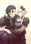  2boys aqua_eyes armor bangs black_bow black_dress black_gloves black_hair black_hairband blonde_hair blue_corset blue_dress blue_shirt blush bow braid carrying cloud_strife corset crossdressing dress earrings final_fantasy final_fantasy_vii final_fantasy_vii_remake fishnet_armwear gloves hair_bow hair_slicked_back hairband jewelry long_dress long_hair long_sleeves looking_at_another male_focus medium_hair multiple_boys necklace official_alternate_costume own_hands_together parted_bangs pink_bow princess_carry ringomell_ura see-through see-through_sleeves shirt shoulder_armor sideburns sleeveless sleeveless_turtleneck spiked_hair suspenders turtleneck twin_braids two-tone_dress upper_body yaoi zack_fair 
