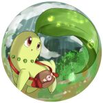  animal_focus badge bag border bush chikorita chinese_commentary cloud commentary_request day fisheye full_body fushigi_no_dungeon green_theme leaf looking_up mew_kate no_humans open_mouth outdoors pokemon pokemon_(creature) pokemon_(game) pokemon_mystery_dungeon rain red_eyes round_image solo standing water_drop white_border 