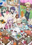  6+girls absurdres alarm_clock baking braid cake cat cherry_blossoms clock collared_shirt commentary crying double_bun dress dried_fish food fruit glasses hair_bun hair_ornament hands_on_table hidamari_sketch highres hiro_(hidamari_sketch) juice matsuri_(hidamari_sketch) miyako_(hidamari_sketch) multiple_girls natsume_(hidamari_sketch) nazuna_(hidamari_sketch) nori_(hidamari_sketch) okai_(pixiv6333) orange_juice pet photo_(object) pinafore_dress rubber_duck sae_(hidamari_sketch) seiza shared_blanket shirt side_braid sitting sketchbook sleeveless sleeveless_dress snack strawberry streaming_tears stuffed_animal stuffed_toy t-shirt tears twintails ume-sensei wariza x_hair_ornament yuno_(hidamari_sketch) 