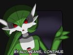  2020 3_fingers 4:3 dialogue english_text female fingers gardevoir generation_3_pokemon green_hair hair hand_on_chin hi_res humanoid looking_at_viewer mferite nintendo not_furry pokemon pokemon_(species) reaction_image red_eyes shadowed_eyes simple_background solo talking_to_viewer text video_games 