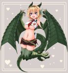  1girl absurdres bare_shoulders belt breasts claws dragon_girl dragon_horns dragon_wings feathers floating full_body gift_art heart highres horns large_breasts monster_girl monster_girl_encyclopedia navel necktie red_necktie scales second-party_source short_shorts shorts simple_background solo sora_(sunday_sky) thighhighs underboob wing_collar winged_arms wings wyvern_(monster_girl_encyclopedia) 