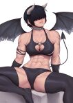  2022 abs absurd_res bangs black_hair breasts clothing demon female hair hair_over_eyes hi_res horn humanoid legwear midriff muscular muscular_female not_furry panties scar solo speedl00ver thigh_highs underwear wings 