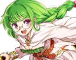  1girl braid breasts brooch cape cleavage dress glasses green_hair jewelry laco_soregashi long_hair looking_at_viewer open_mouth philia_felice purple_eyes round_eyewear simple_background solo tales_of_(series) tales_of_destiny white_background white_dress wing_brooch 