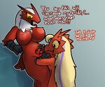  anthro beak blaziken blonde_hair breast_size_difference breasts carol_(otterjunk) duo eyelashes generation_3_pokemon genitals hair hi_res highlights_(coloring) long_hair marker nintendo nipples otterjunk penis pokemon pokemon_(species) racha_(otterjunk) sharpie text video_games womb_tattoo 