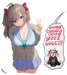  ahoge alternate_breast_size blue_eyes bow bowtie breasts caption evil_neuro-sama hair_ornament hairpin highres horns hwanker large_breasts light_smile long_hair meme neuro-sama school_uniform seggs_(meme) speech_bubble twintails uohhhhhhhhh!_(meme) v vedal_ai white_background 