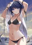  1girl absurdres arms_up bangs beach_towel bikini black_bikini blue_eyes blue_hair breasts cloud collarbone commentary_request cowboy_shot cross highres navel ocean original panties parted_lips revebw short_hair side-tie_panties sidelocks sky slime_(substance) small_breasts standing stomach swimsuit tentacles towel underwear 