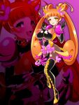  1girl black_gloves blunt_bangs blush bodysuit boots bow breasts brown_hair corruption cure_rosetta_pose dark_persona dokidoki!_precure double_bun earrings empty_eyes flower full_body futanari gloves hair_bun hair_flower hair_ornament highres jewelry large_breasts latex latex_bodysuit long_hair looking_at_viewer mind_control multiple_views navel_piercing nipple_piercing nipples open_mouth orange_eyes orange_hair piercing pink_background pink_bow precure projected_inset puffy_sleeves smile solo standing thigh_boots tongue tongue_out twintails wabuki_(ochigan) yotsuba_alice 