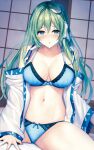  1girl :o bangs bare_shoulders blue_bra blue_eyes blue_panties blush bra breasts cleavage collarbone frog_hair_ornament green_hair hair_ornament highres kochiya_sanae large_breasts liya long_hair long_sleeves looking_at_viewer navel panties parted_lips solo spread_legs thighs touhou underwear 